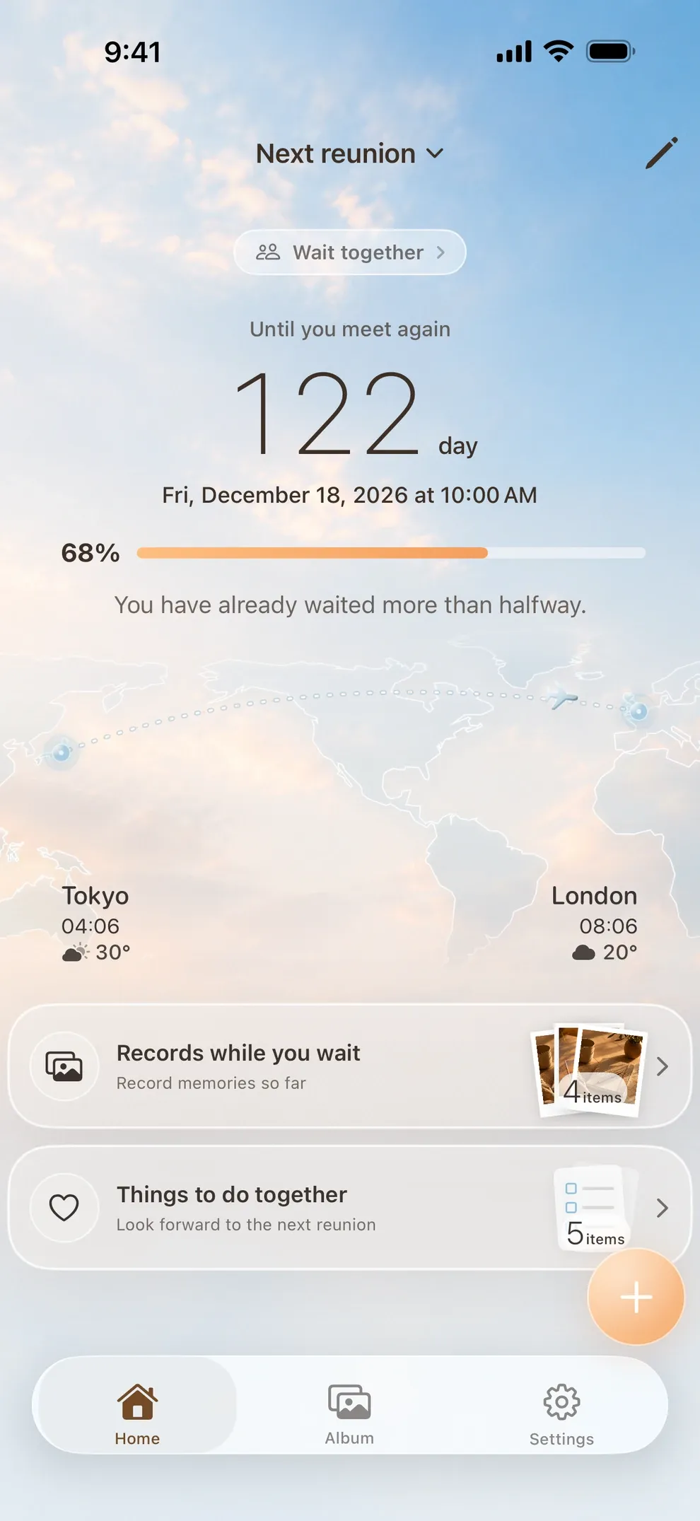 Remeet’s home screen, with the days remaining, progress, and a route connecting both cities
