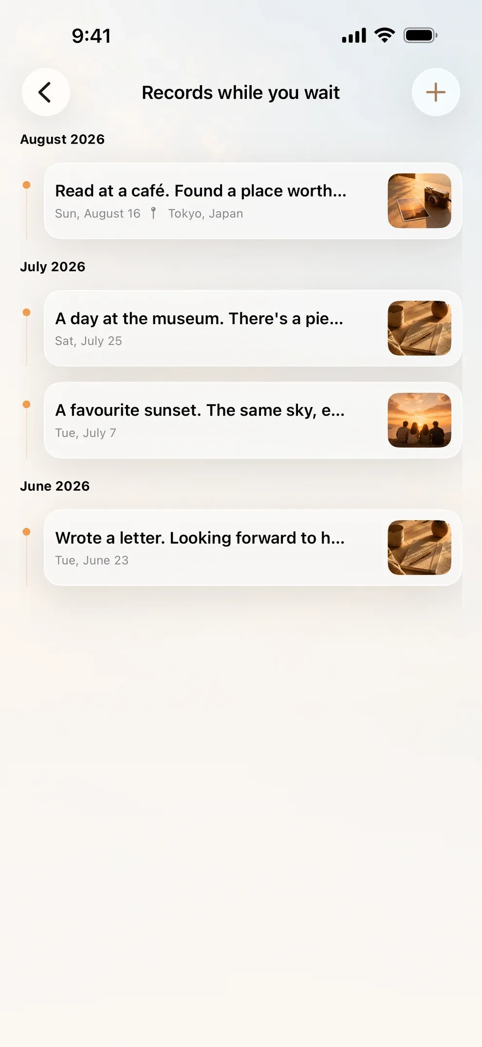 Waiting memories, with photos and notes grouped by month
