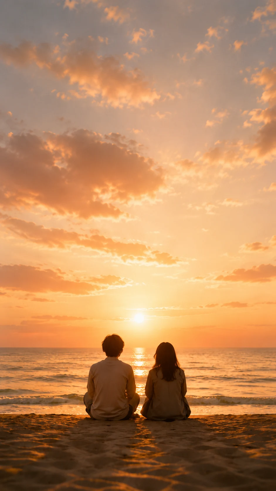 Two people seen from behind, sitting together by the sea at sunset